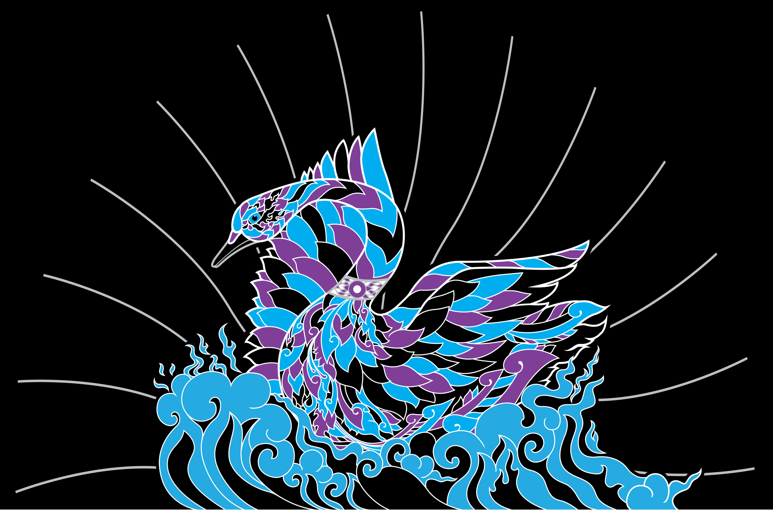 An artistic depiction of a dragon's head in stylized, colorful design, breathing flames, with a black background and white radial lines emanating from the head.