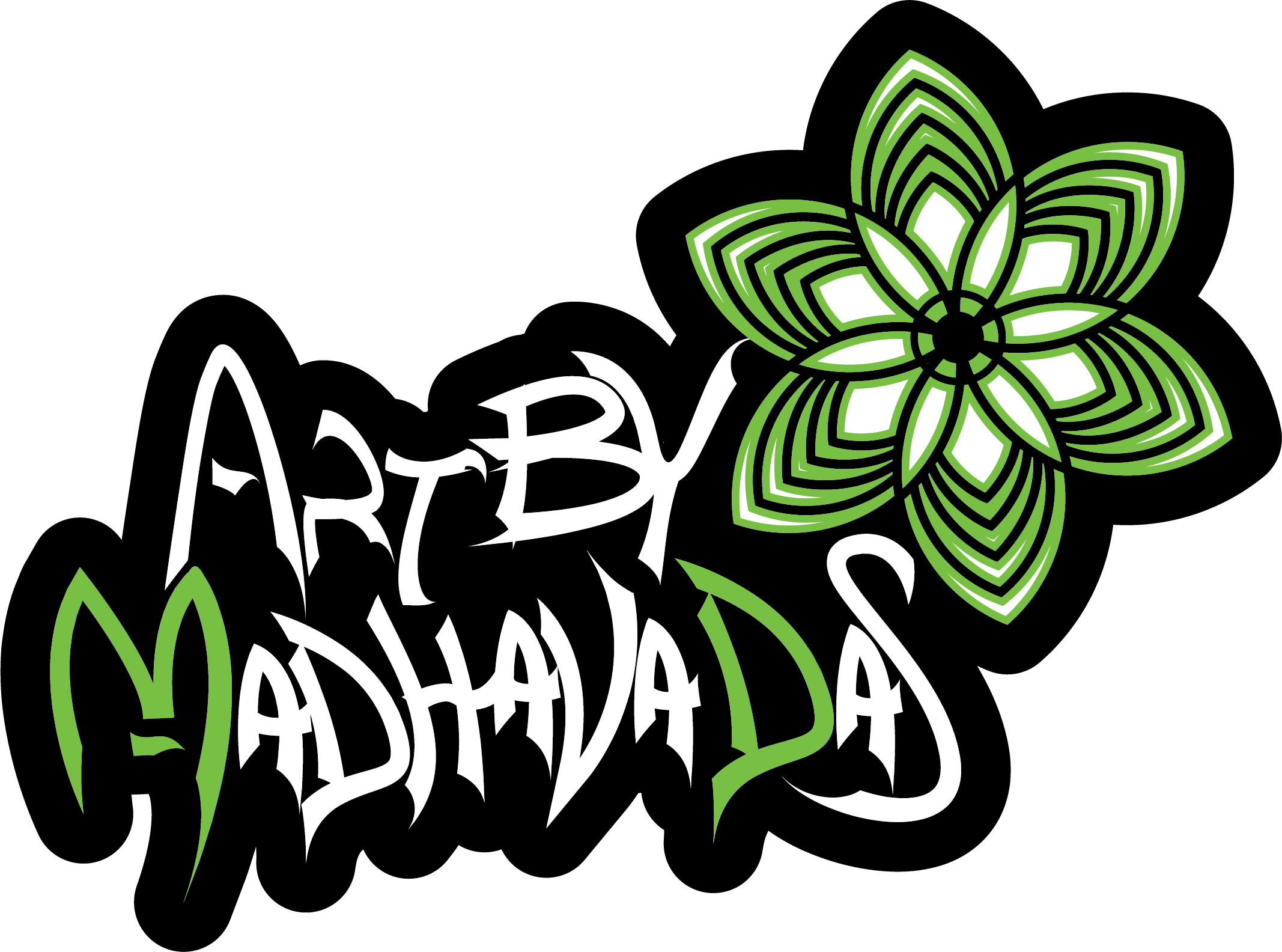 Text on a black background reads 'Art by Madhava Das' with a green Flower design and stylized white and green text.
