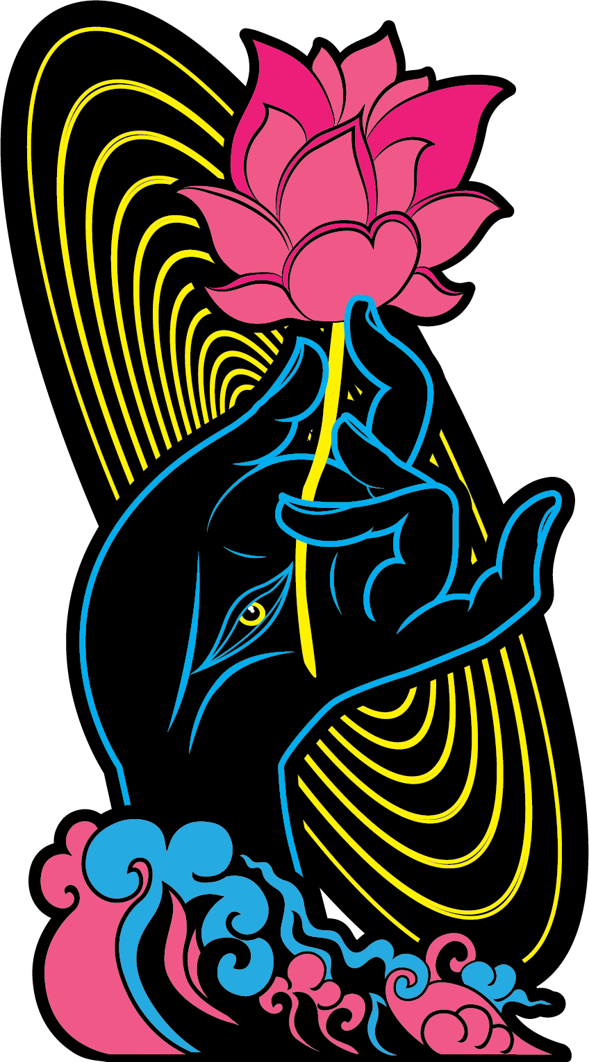 Digital illustration of a blue hand holding a pink lotus flower, with yellow and blue decorative lines, clouds, and abstract shapes on a black background.