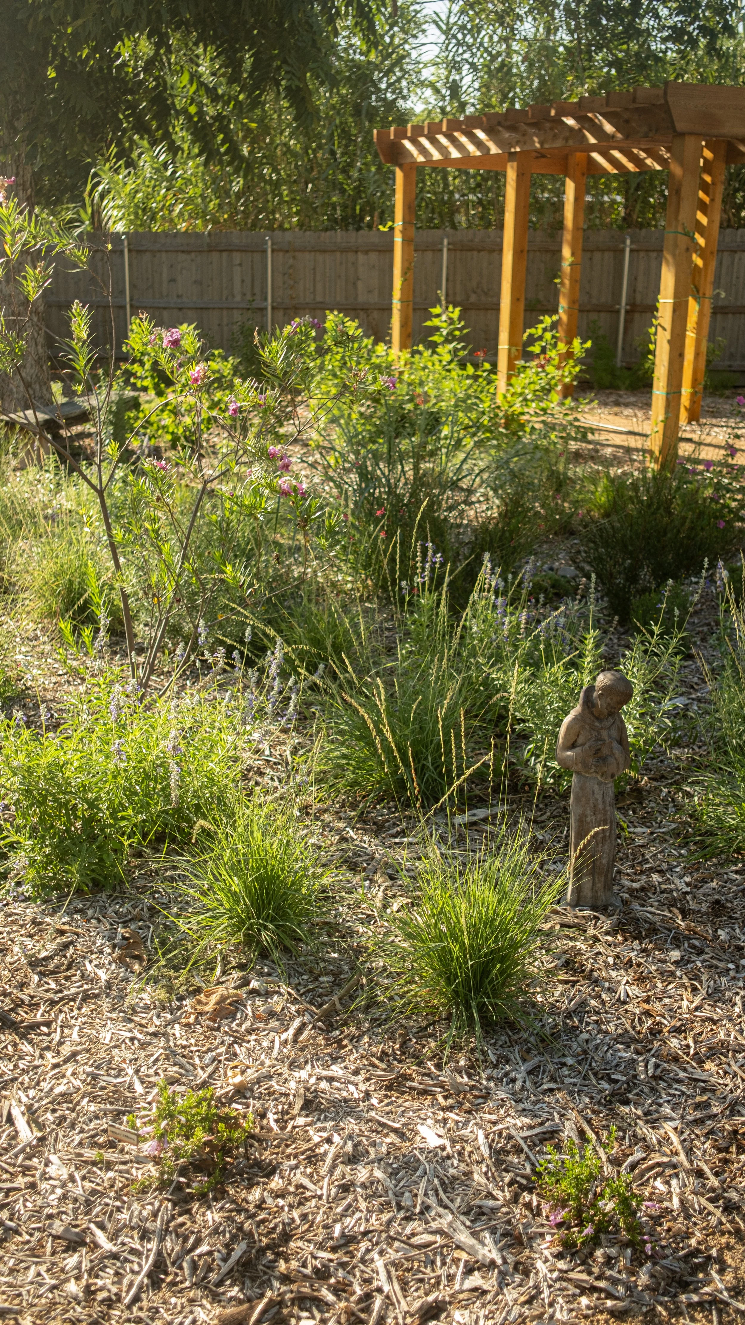 A garden with various plants and herbs, a small statue of a girl holding something, a wooden pergola structure, and a wooden fence in the background.