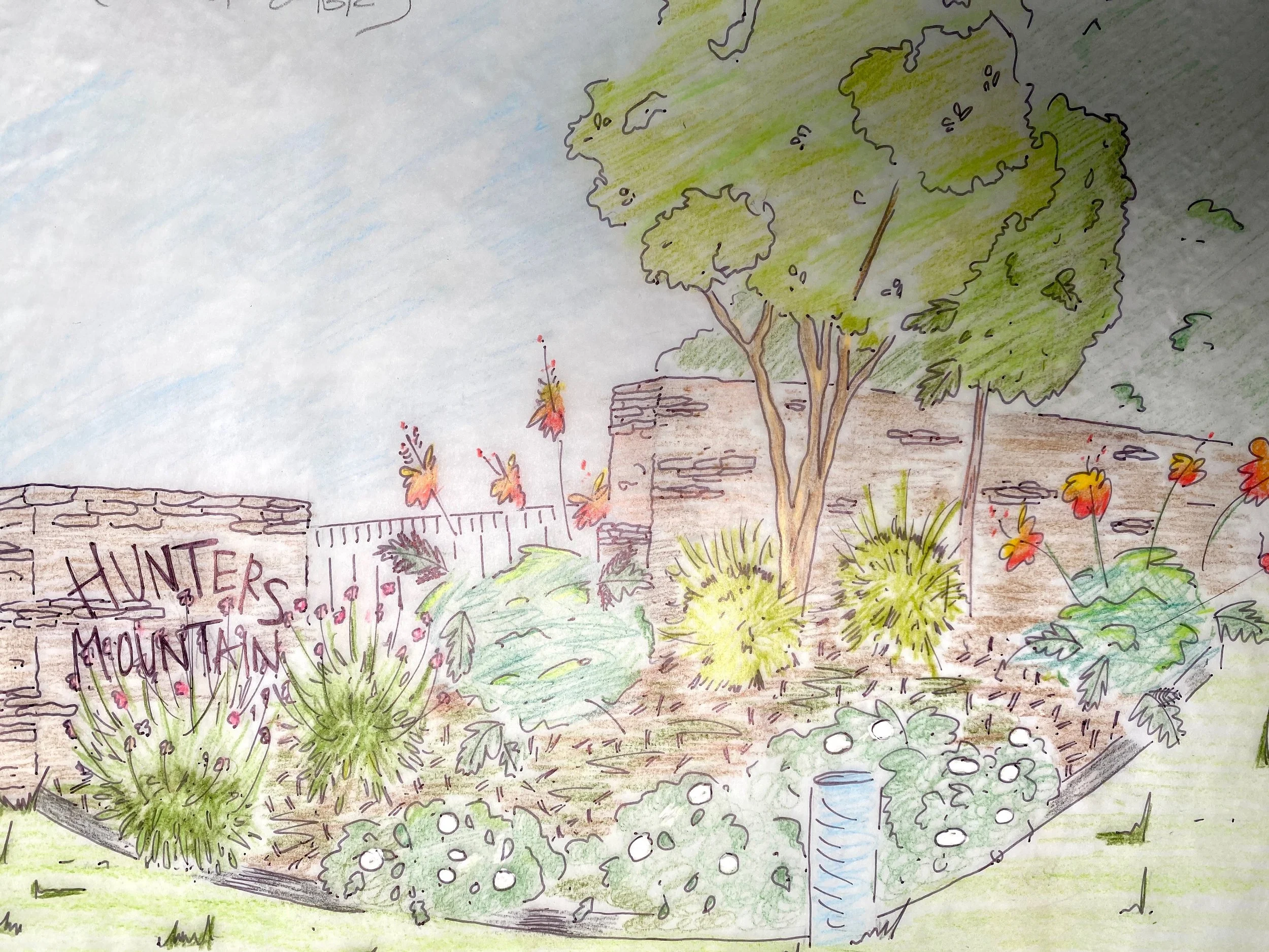 Watercolor landscape scene featuring a large green tree with a brown trunk, colorful flowering bushes, a stone wall, a small pond, and a building with a sign that reads 'HUNTERS MOUNTAIN'.