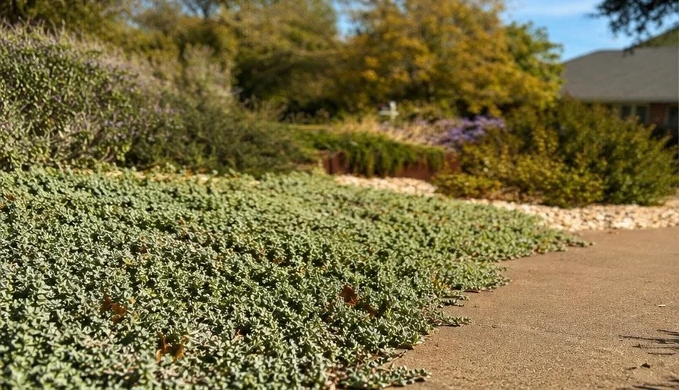 A sidewalk in a landscaped garden with low green ground cover plants, shrubs, and trees, under a clear blue sky with sunlight.