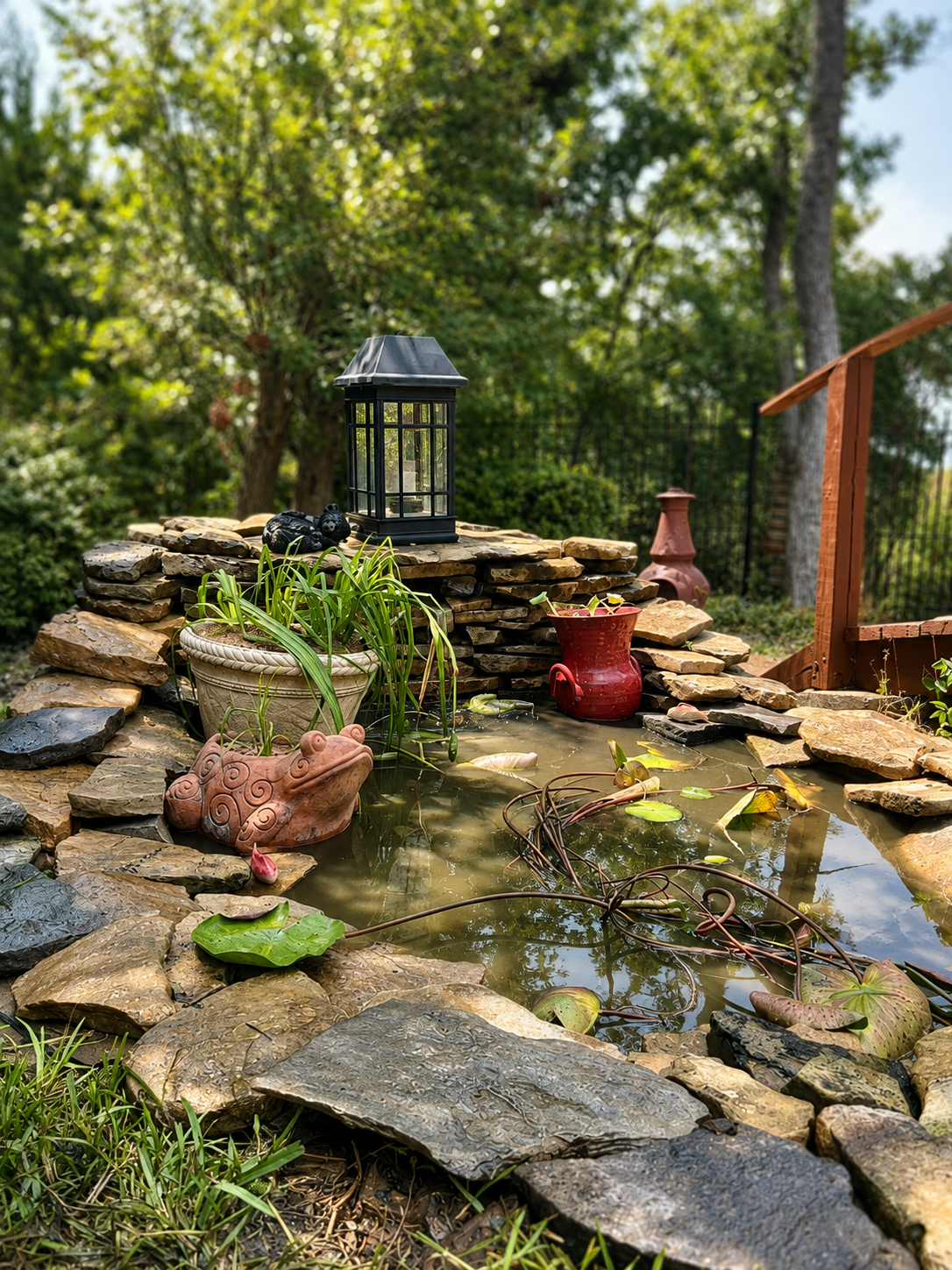 A small garden pond surrounded by rocks with decorative ceramic pots and plants, set in a backyard with trees and greenery.