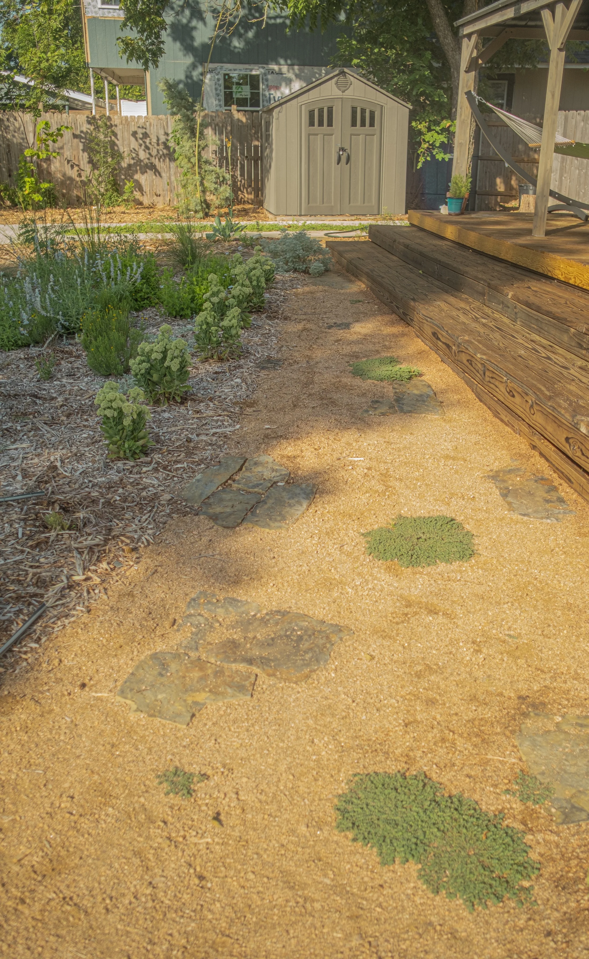 A backyard garden scene with a sandy pathway, green plants and shrubs along the sides, and a small beige storage shed in the background. A porch with a hammock and potted plant is on the right side.