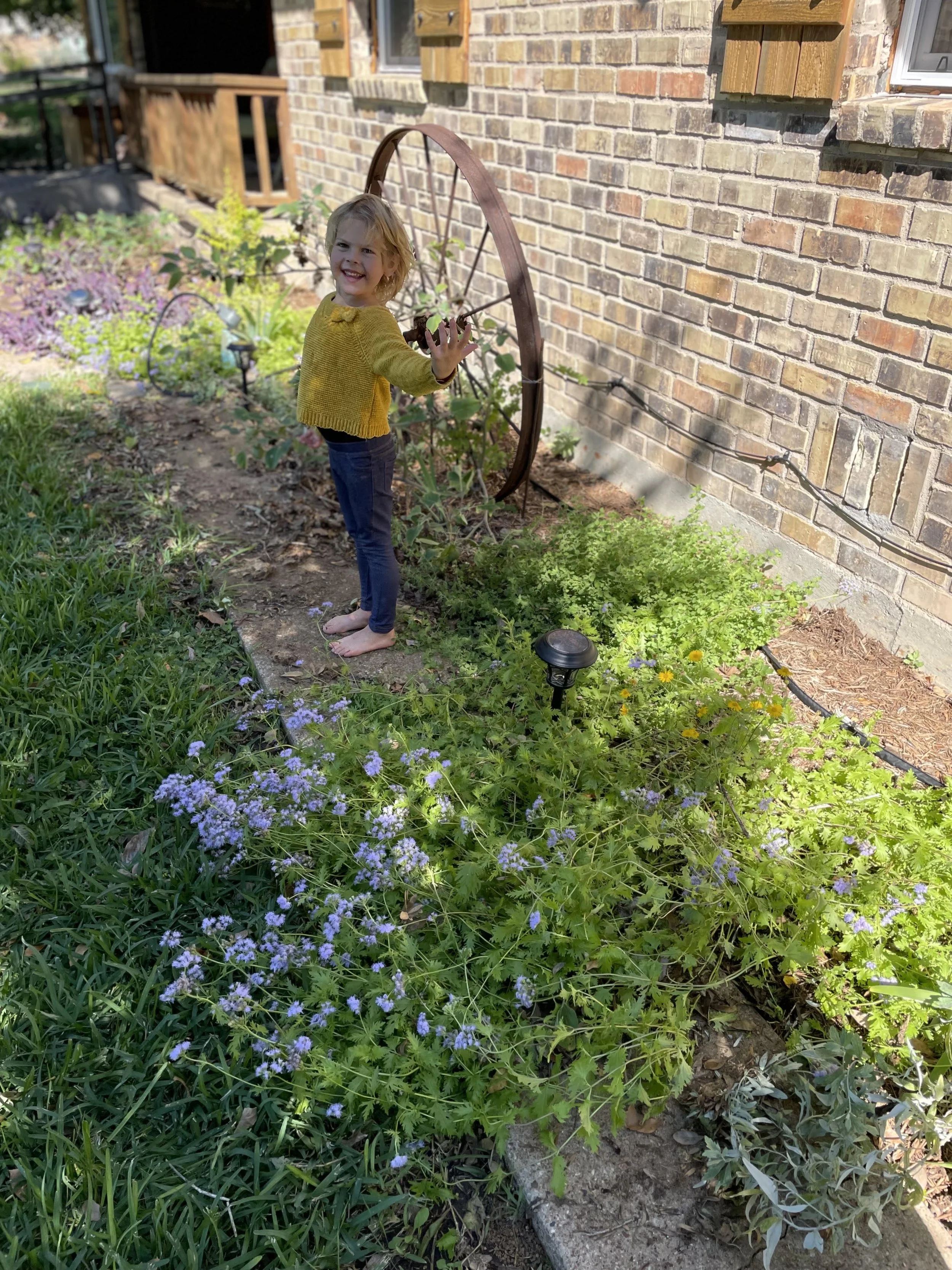 A young girl with blonde hair, wearing a yellow sweater and blue jeans, is standing barefoot on a garden path surrounded by various green plants and purple flowers, with a brick house wall and windows in the background.