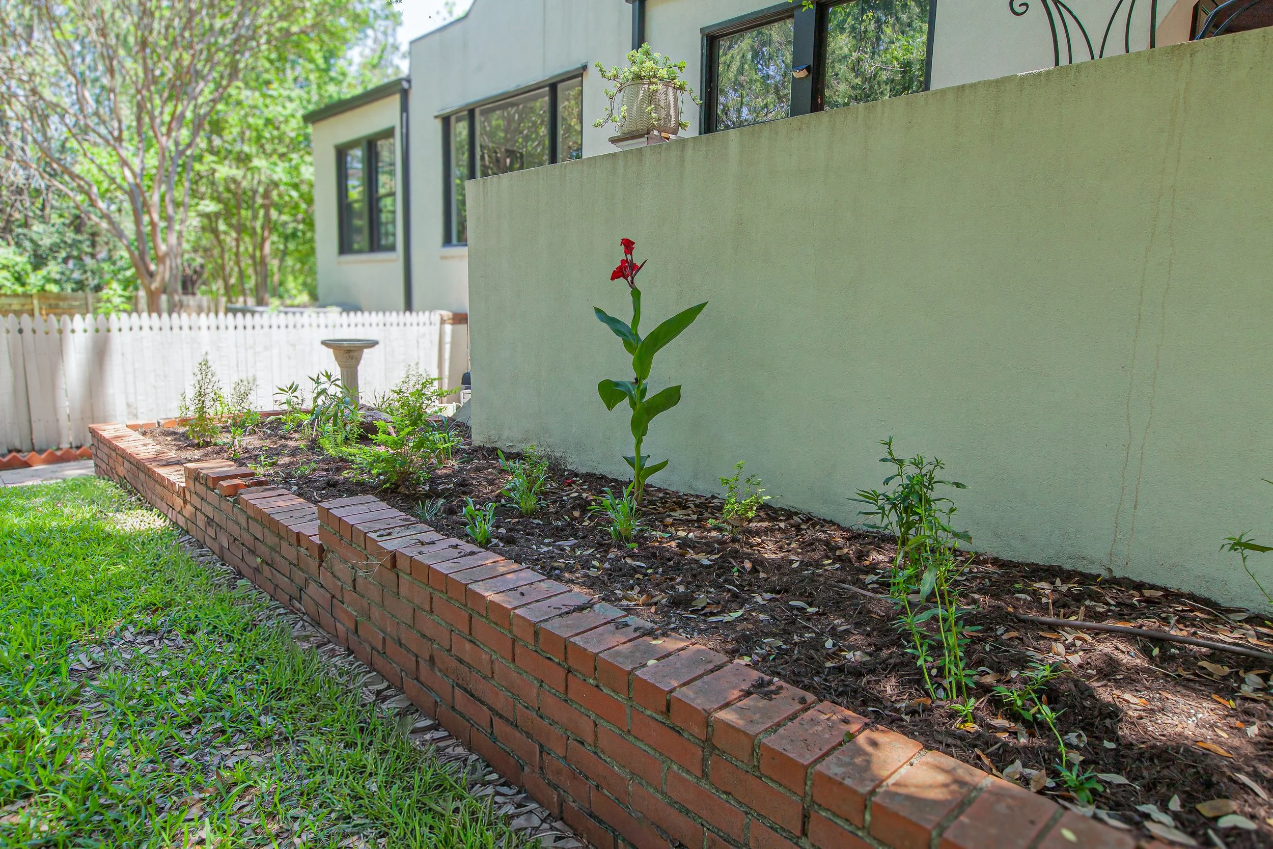 Empty garden bed with small plants bordered by red bricks in front of a house with green exterior and large windows, in a sunny yard surrounded by green trees and white picket fence.