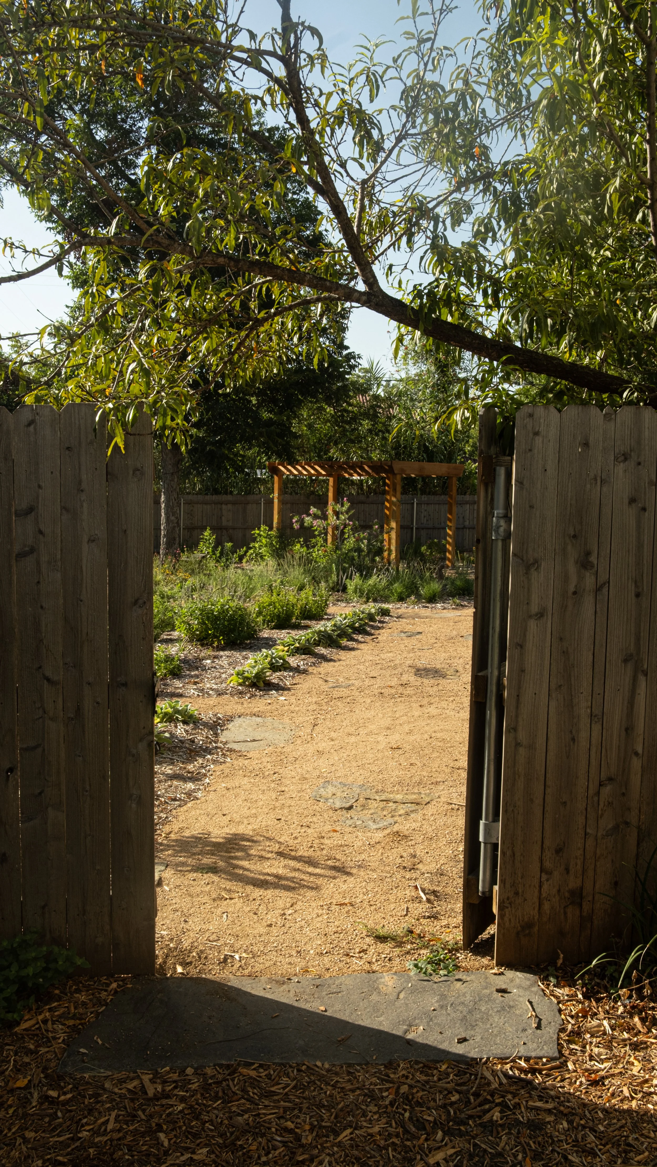 View through an open wooden gate into a garden with plants, a dirt path, a wooden structure in the background, and trees.