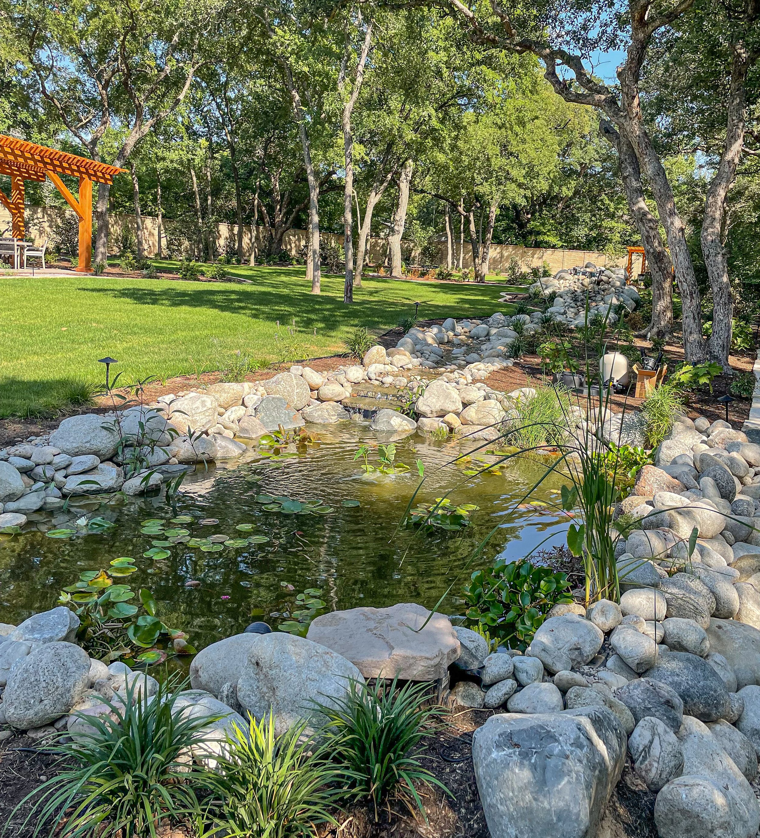 Beautiful backyard with lush green grass, tall trees, a small pond with lily pads, rocks surrounding the pond, and a wooden pergola on the left side under a clear blue sky.