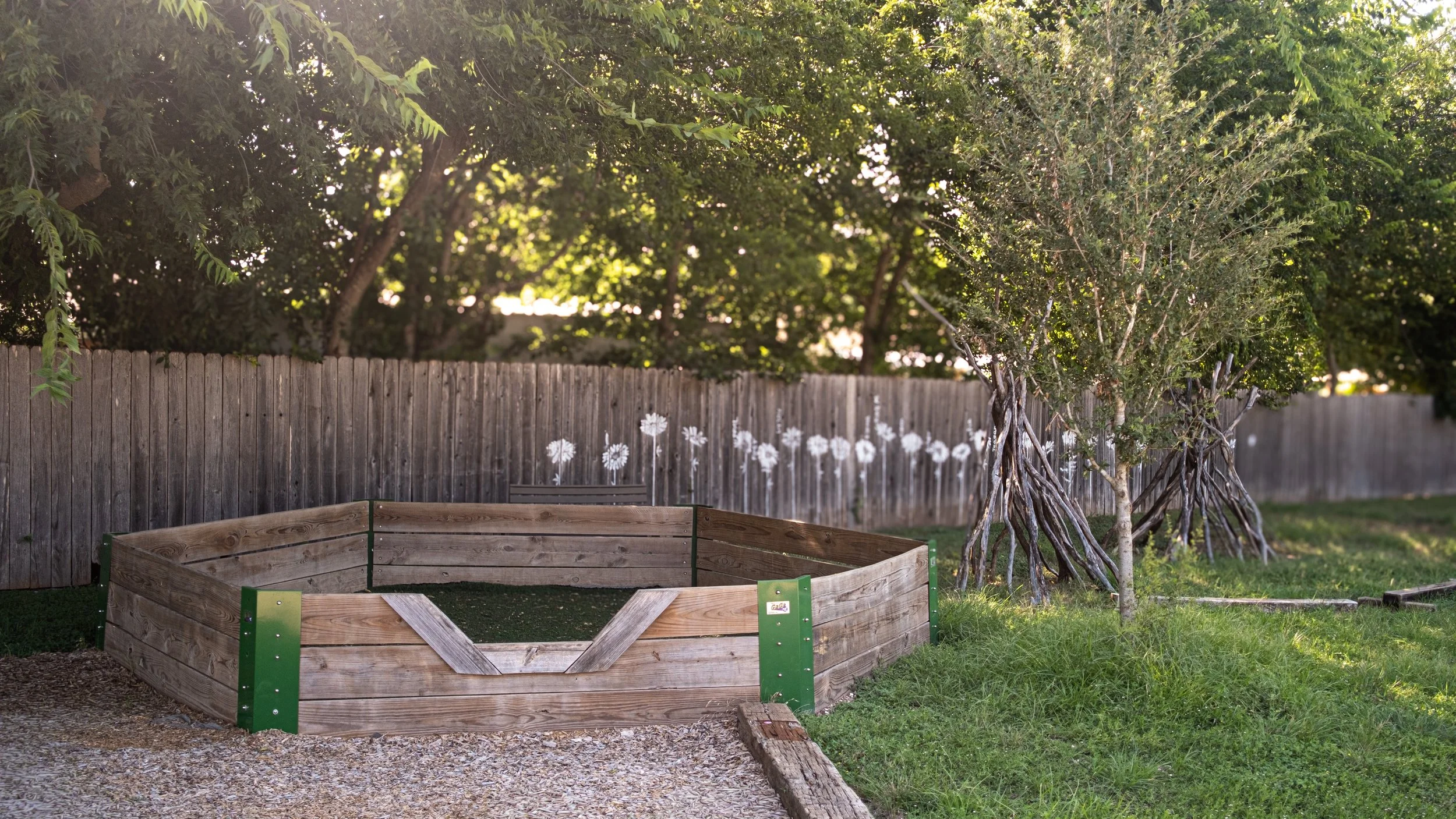 A backyard with a wooden garden bed and a tree with twisted branches and green leaves, a wooden fence in the background, and white decorative plants painted on the fence.