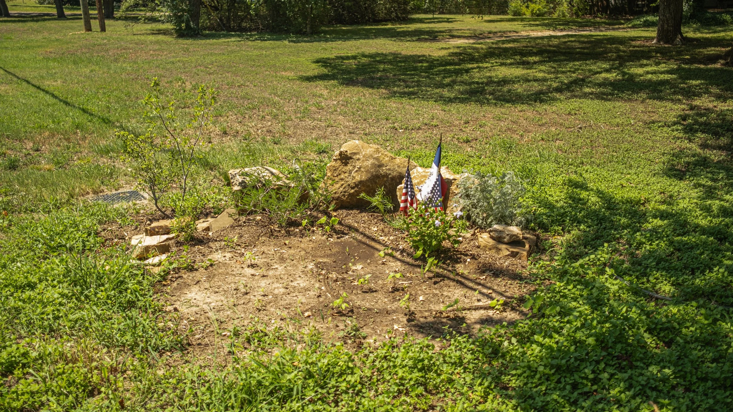 A small memorial site with an American flag and a small flag, surrounded by rocks and greenery, on a patch of dirt in a grassy park area.