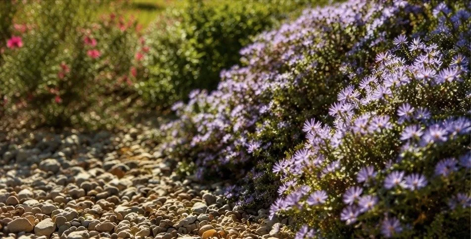 Purple and pink flowers with green foliage along a rocky pathway.