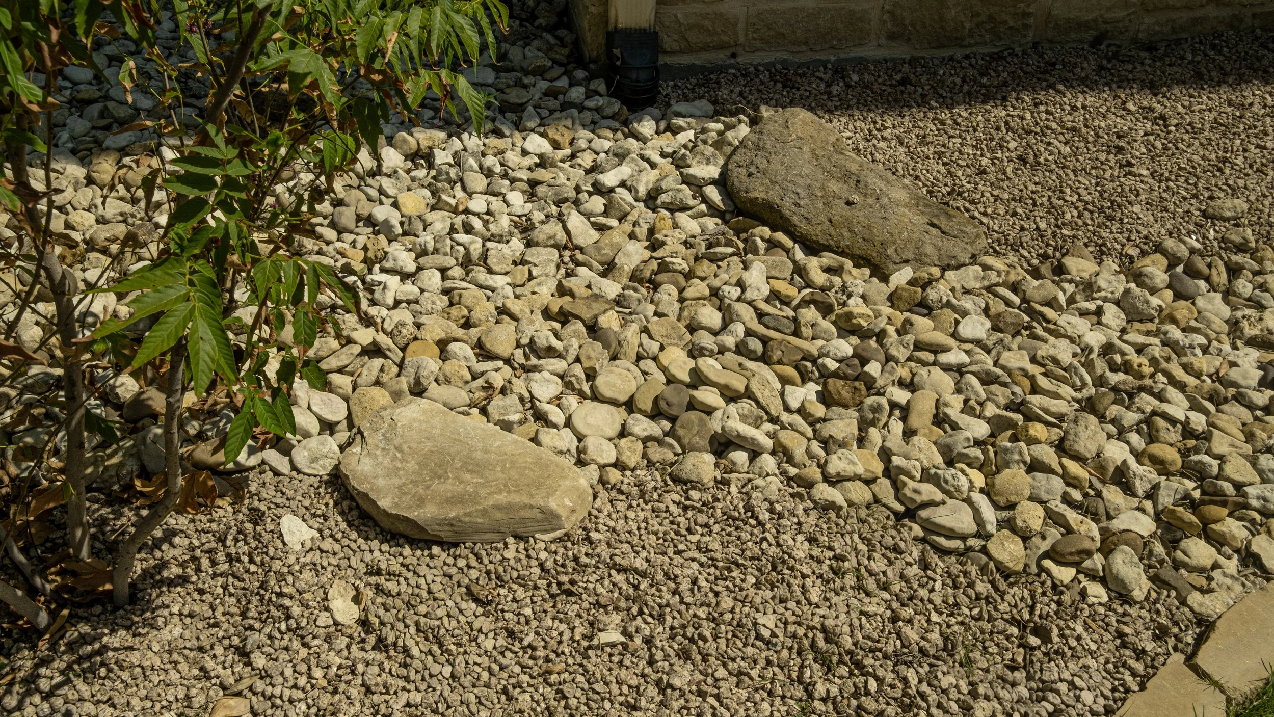 A landscaped area with small white and beige rocks, larger rocks, and some green plants.