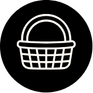 A simple line drawing of a basket with a handle.