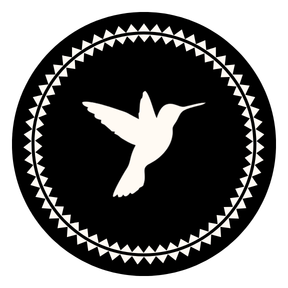 Silhouette of a hummingbird in flight enclosed by a decorative circular border with triangle patterns.