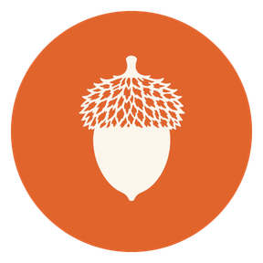 White stylized tan oak acorn icon on an orange circular background.