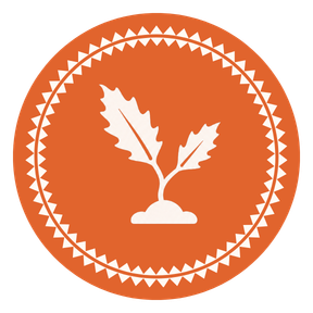 A white silhouette of a tan oak sapling with two oak leaves, centered within an orange circular background with a decorative border.