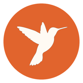 A white hummingbird silhouette on an orange circular background.