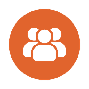 Icon of three people silhouette on an orange circular background.