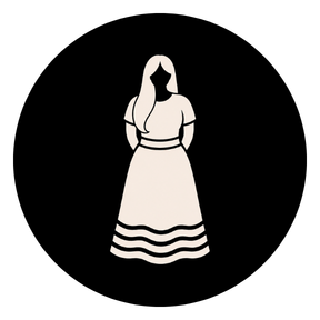 Black and white illustration of a woman in traditional Native dress with a ribbon skirt, long hair, and a headscarf