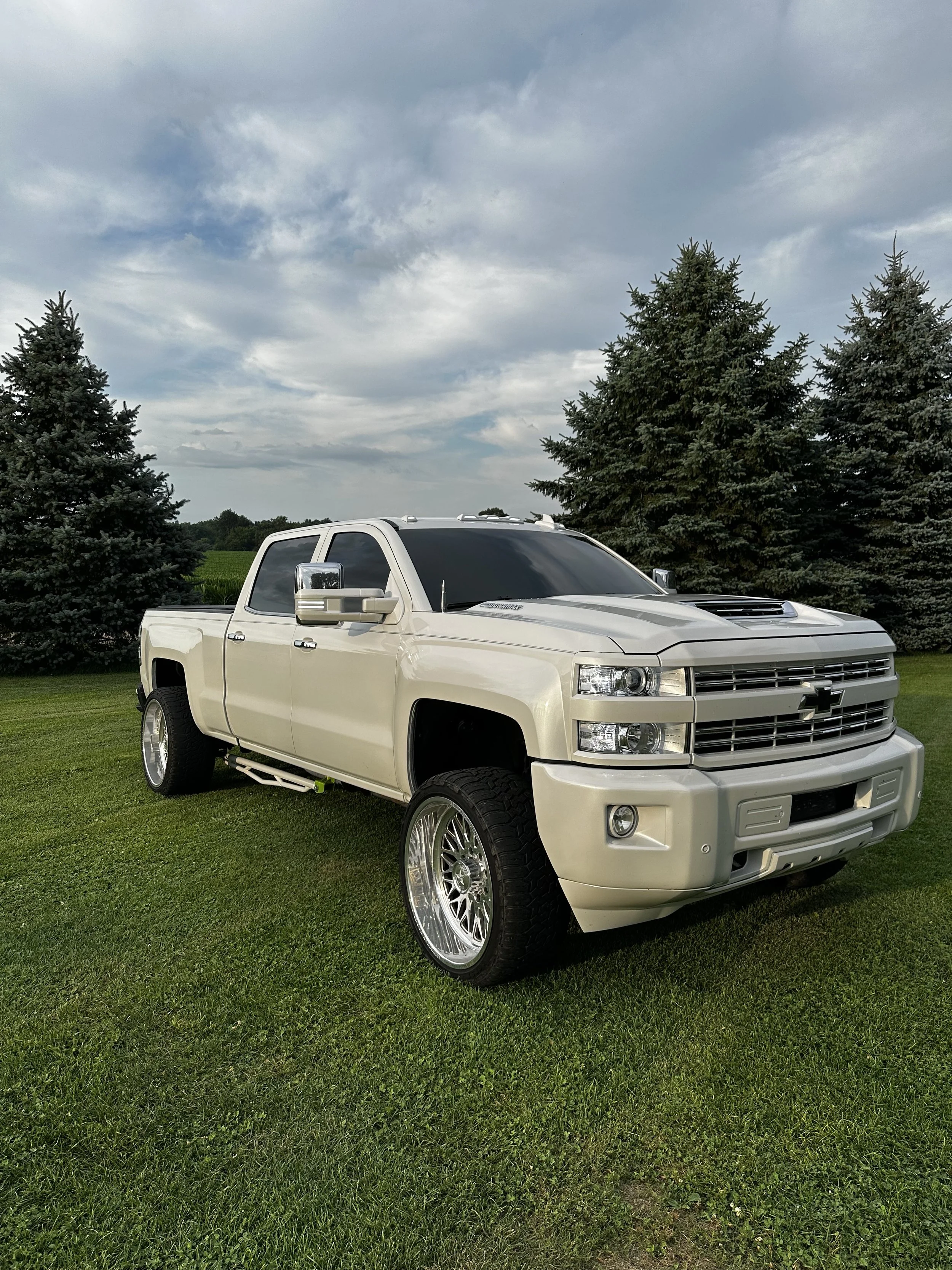 A white Chevrolet pickup truck parked on a grassy area with tall evergreen trees behind it and a cloudy sky above.