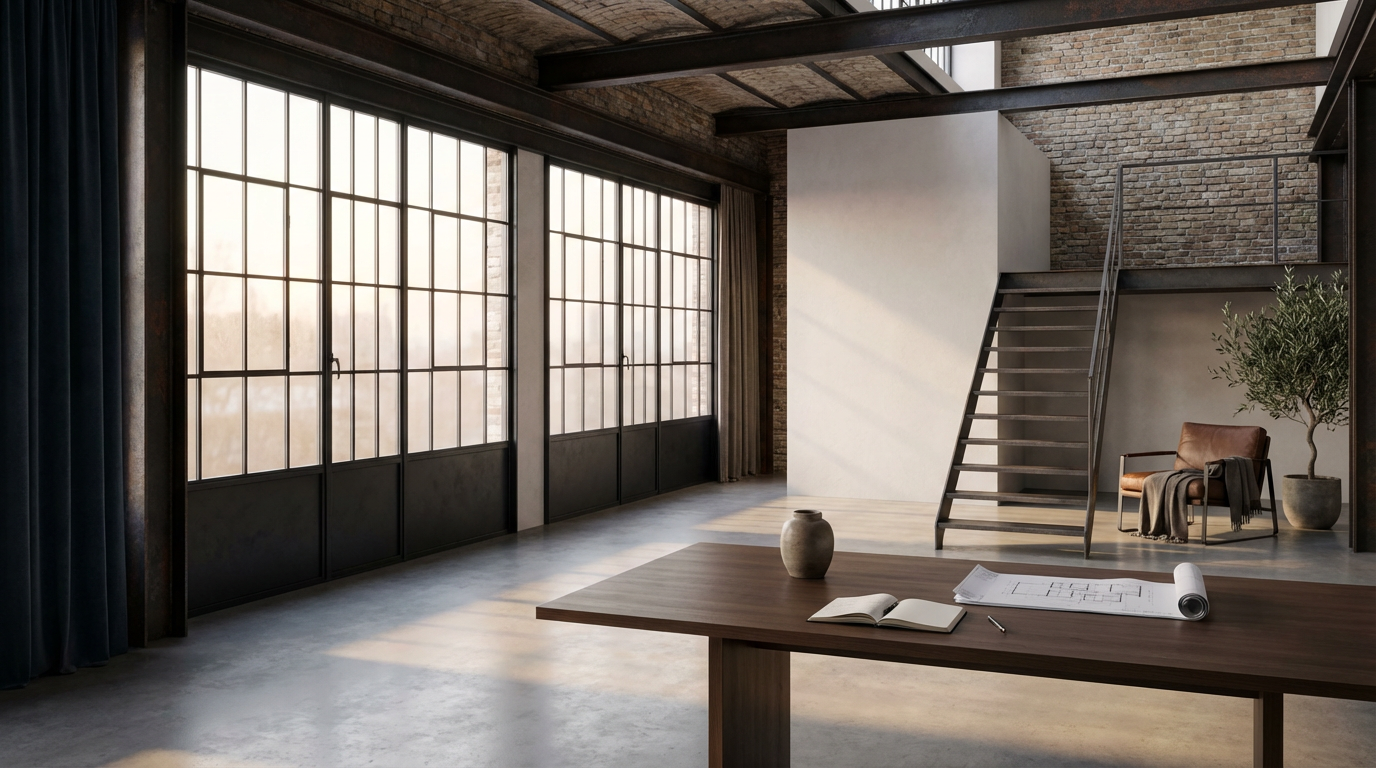 Modern industrial-style loft with large windows, brick walls, wooden exposed beams, a staircase, a leather chair with a blanket, a potted plant, and a wooden table with an open notebook, rolled architectural plans, and a vase.