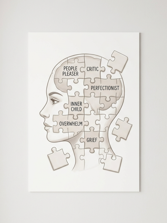 A jigsaw puzzle illustration of a human head showing various emotional states labeled as 'People Pleaser,' 'Critic,' 'Perfectionist,' 'Inner Child,' 'Overwhelm,' and 'Grief' with some puzzle pieces missing.