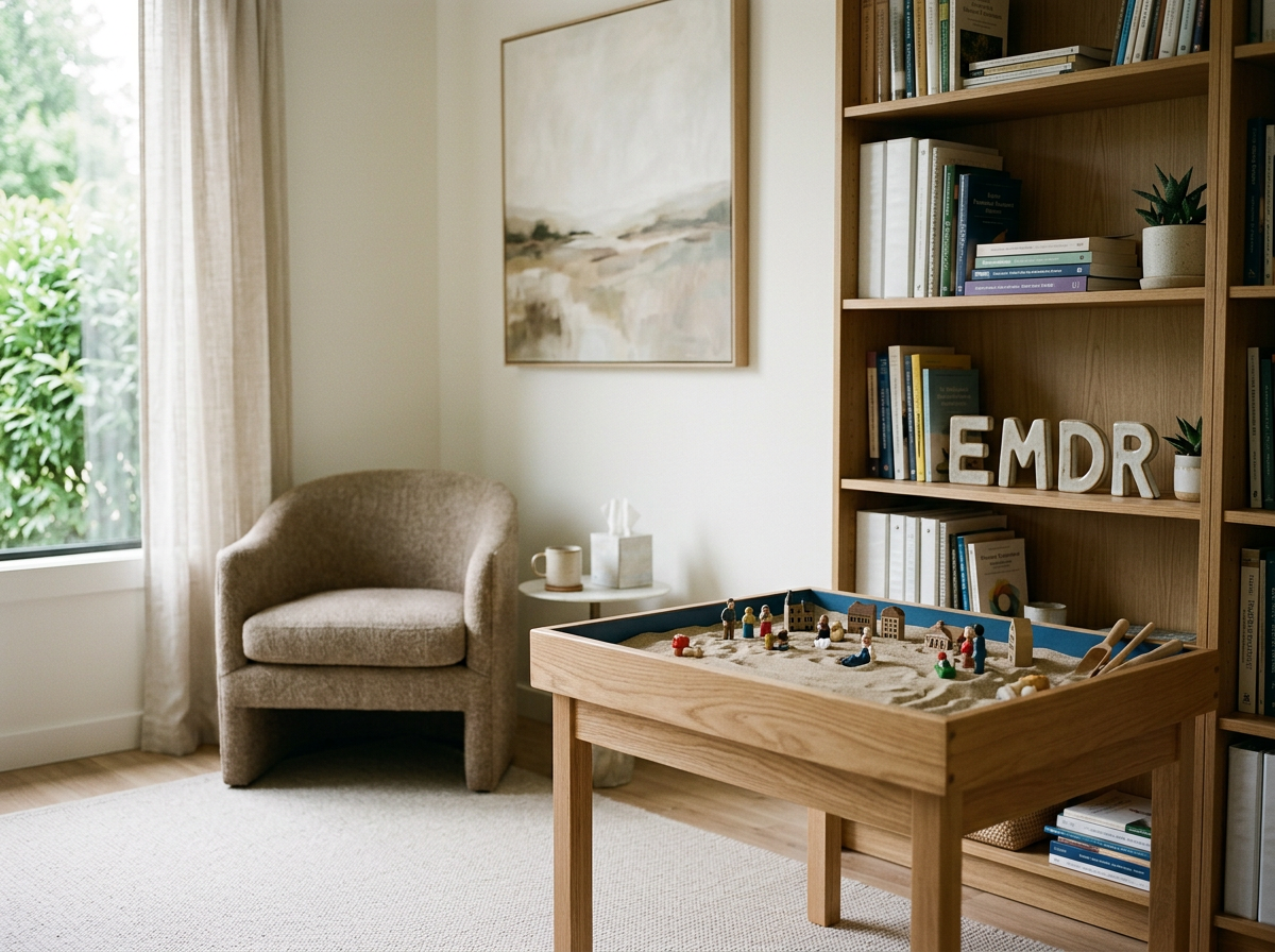 A cozy living room corner with a beige armchair, a small round white side table holding a mug and tissue box, a window with curtains, a bookshelf with neatly arranged books, and decorative letters spelling "EMDR" on the shelf. A wooden sand tray with miniature figures and small shovels is in the foreground.