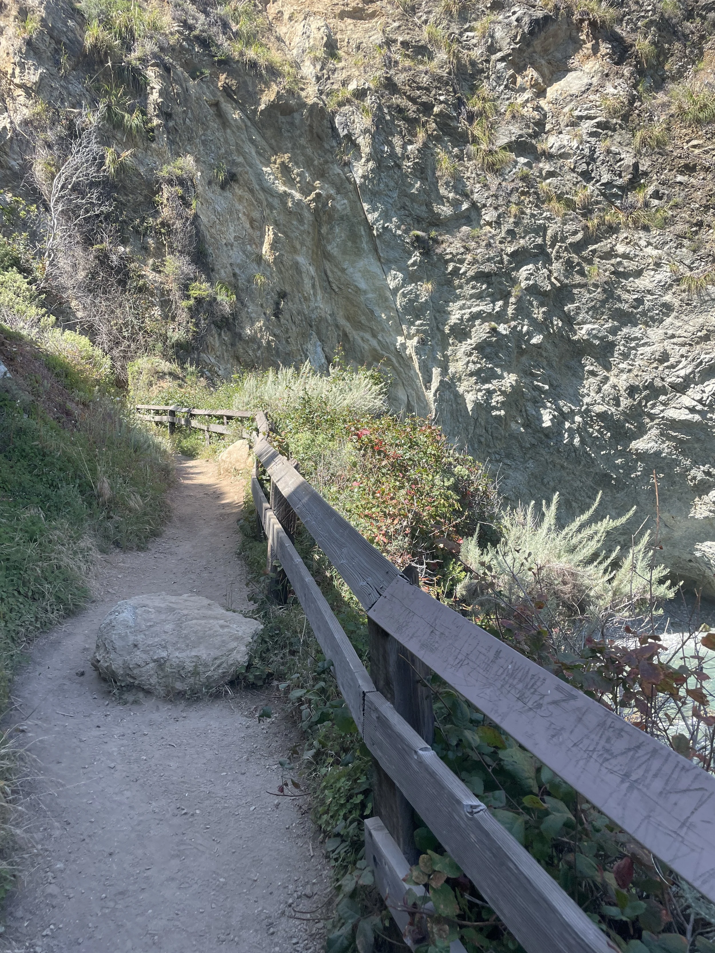 A narrow dirt trail with a wooden railing on the right side, next to a rocky cliff with sparse vegetation, bushes, and some dried plants. A large rock is on the trail near the bottom left corner.