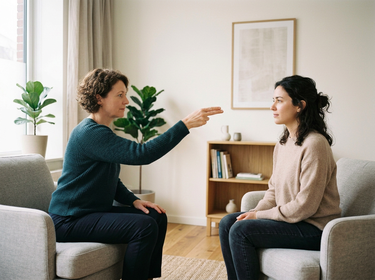 Therapist pointing finger at patient during counseling session in living room.