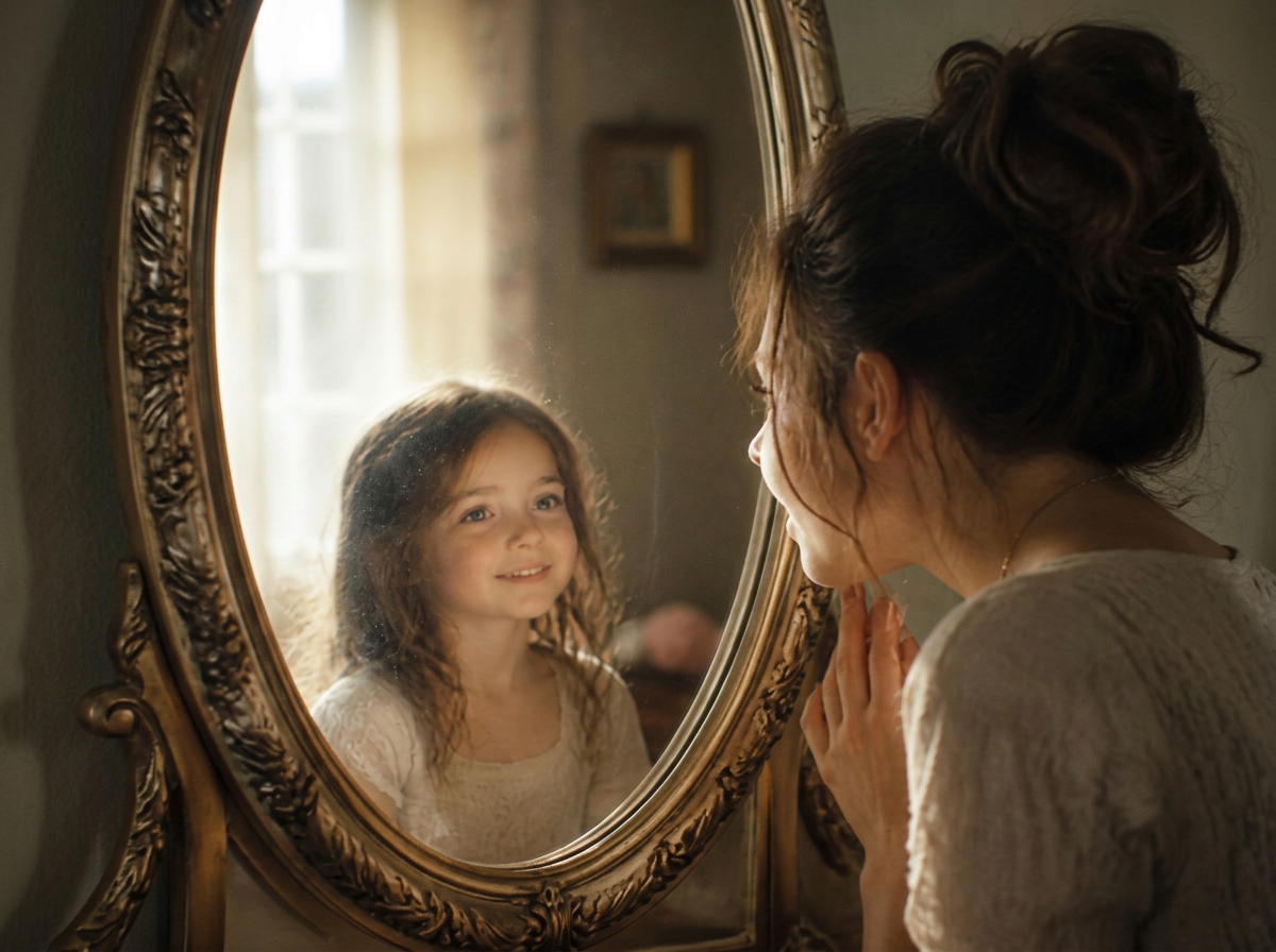 A woman looks at a young girl laughing at herself in an ornate oval mirror.