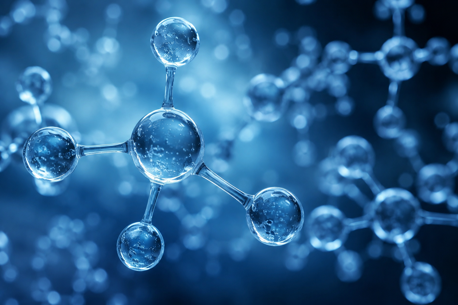 A digital illustration of a molecule structure with connected spheres representing atoms, set against a blue background with blurred molecular structures.