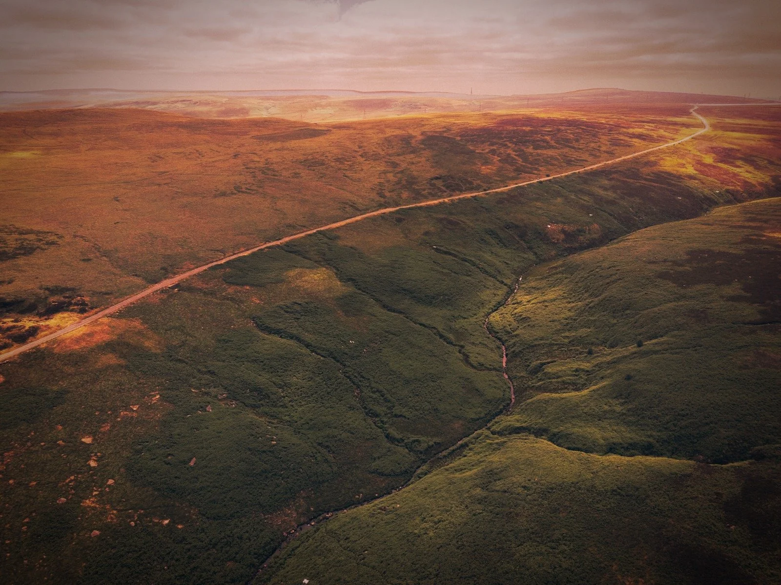 Drone shot of a dark green hillside, transitioning into a glowing orange as you look up to the horizon.