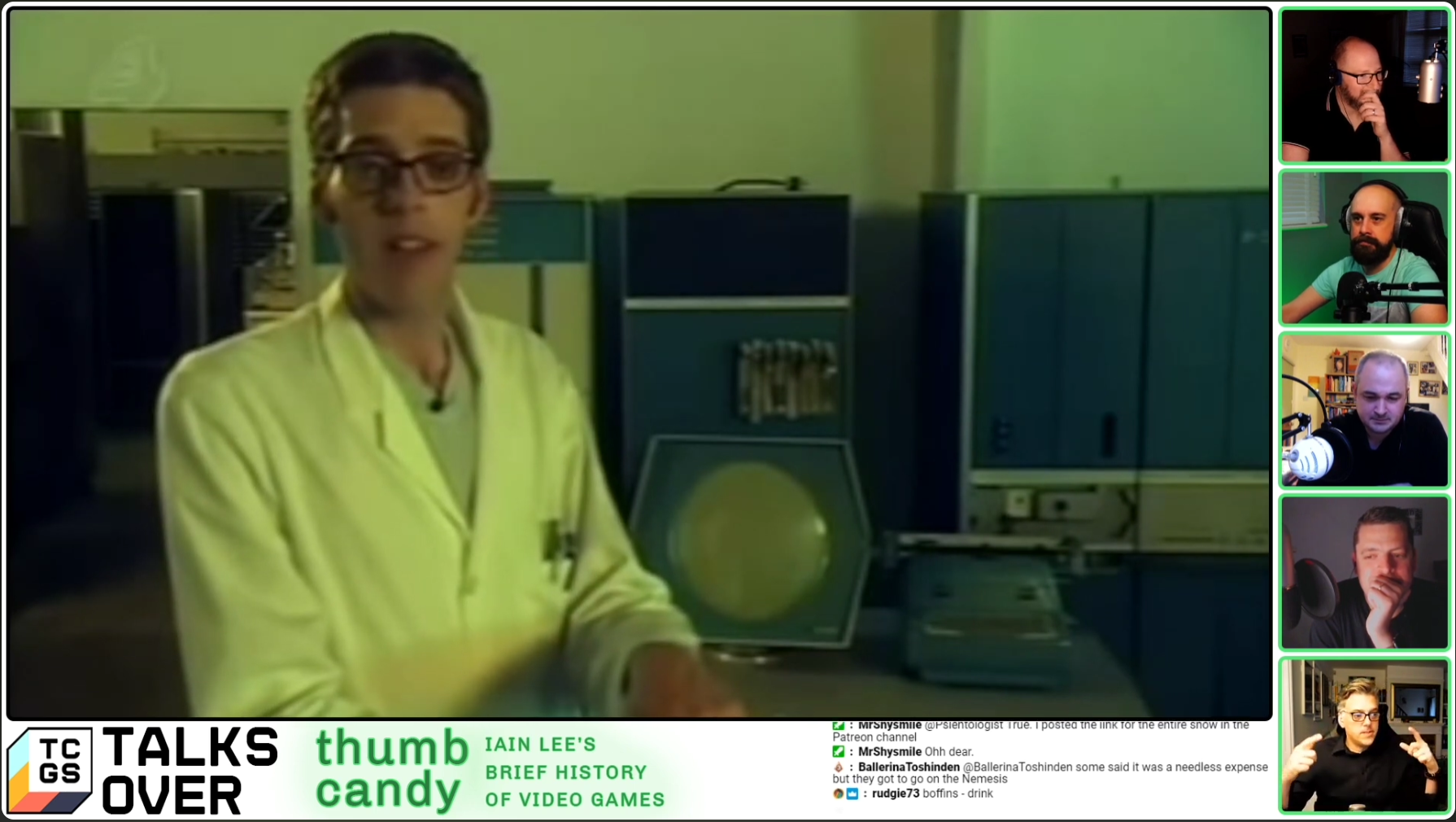 Screenshot of a live-stream of the TV show Thumb Candy, with commentary provided by the hosts of The Computer Game Show and Iain Lee.