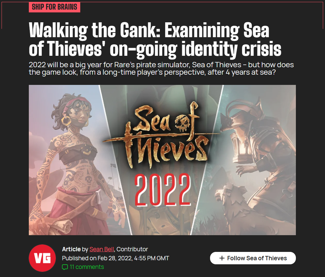 Screenshot of an article on VG247 entitled "Walking the Gank: Examining Sea of Thieves' on-going identity crisis"
