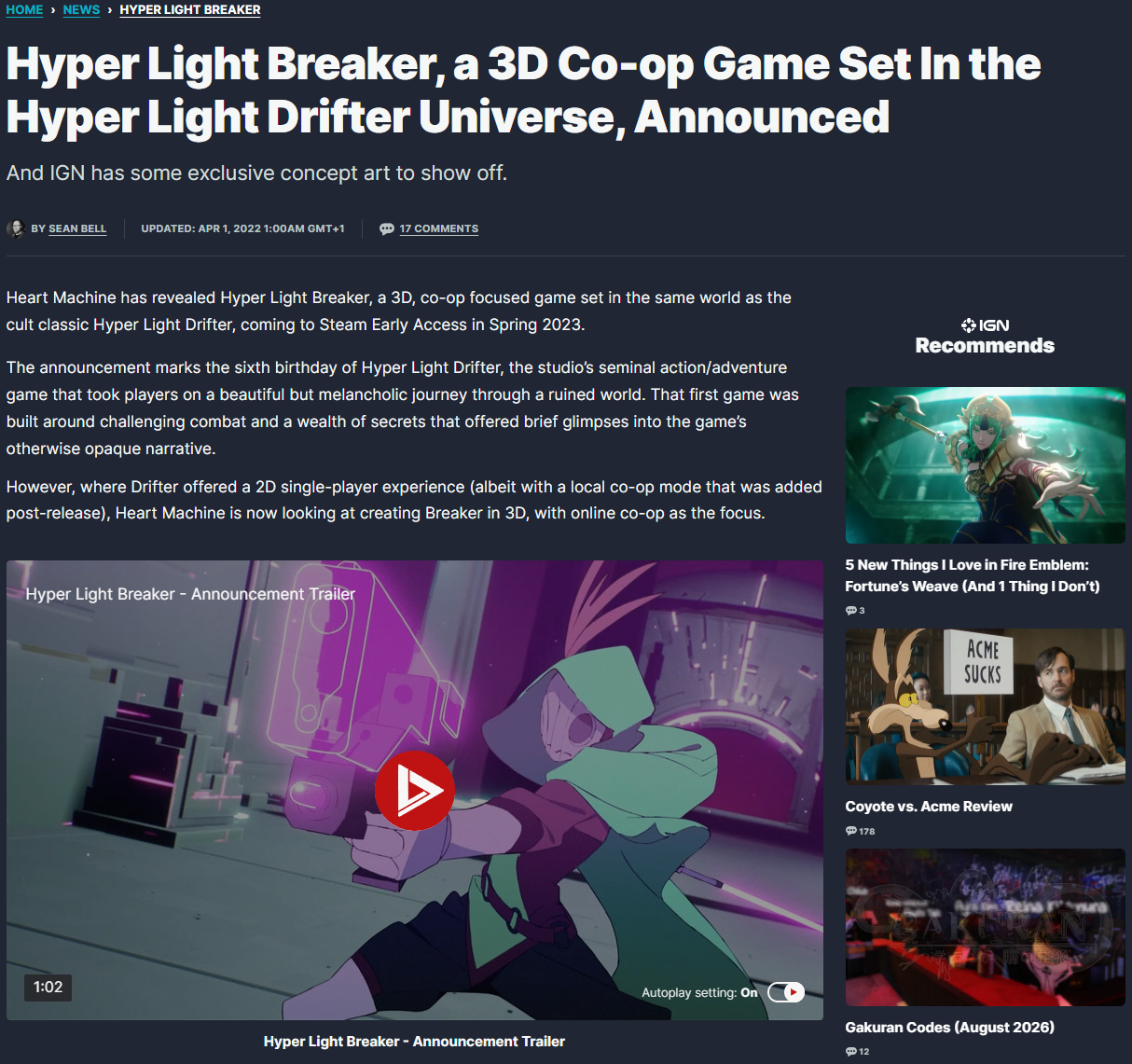Screenshot of an IGN article entitled "Hyper Light Breaker, a 3D Co-op Game Set In The Hyper Light Drifter Universe, Announced"
