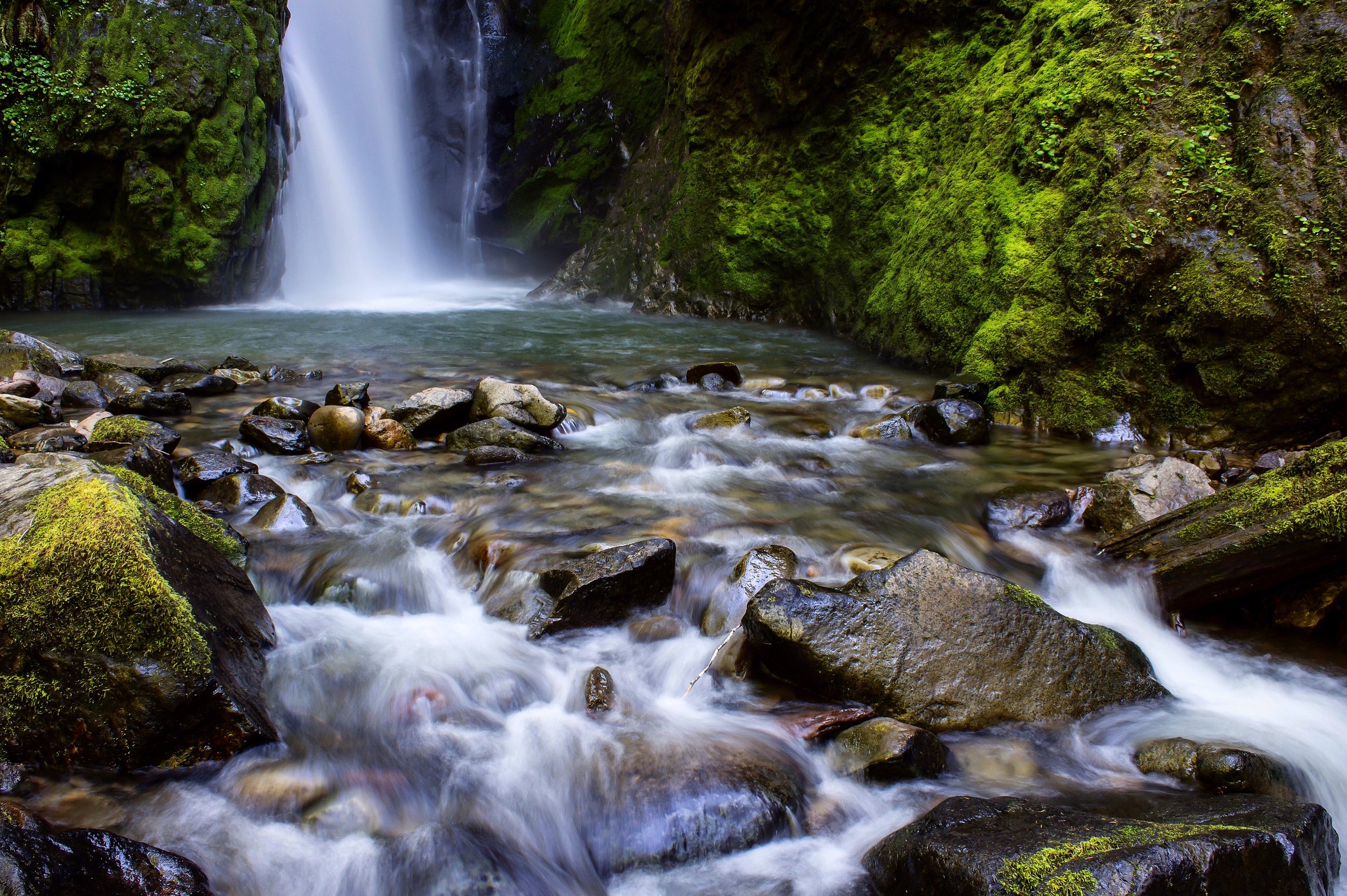 Flowing water over mossy rocks