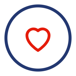 A blue circular outline with a red heart inside at the center.