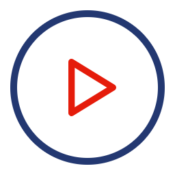 A circular icon with a red play button in the center, surrounded by a gradient blue ring.