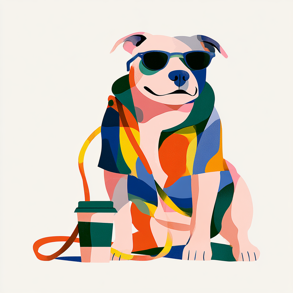 An illustration of a dog wearing sunglasses and a colorful jacket, sitting next to a to-go coffee cup.