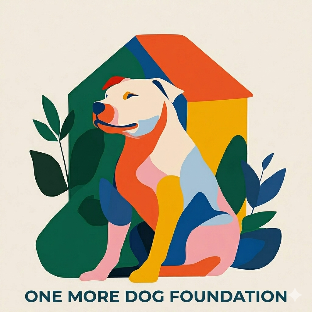 Colorful artistic illustration of a dog sitting in front of a house with leaves, with the text "One More Dog Foundation" underneath.