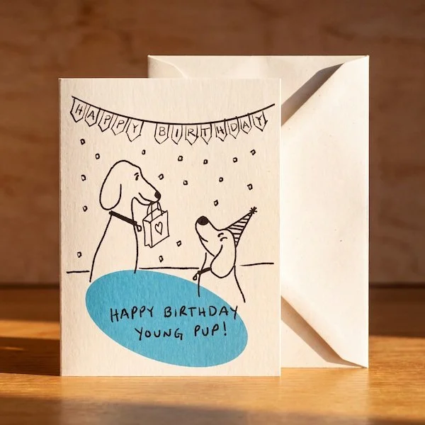 Our newest birthday card for "young pups". Ginger approved! #happybirthday #greetingcards