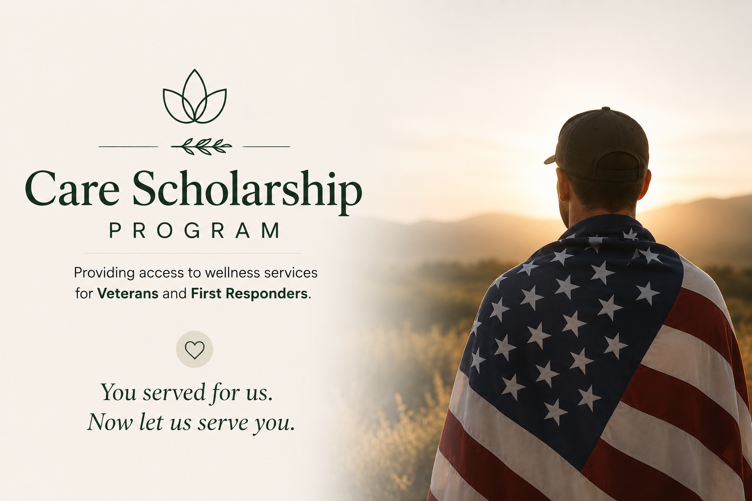 A man wearing a baseball cap and an American flag draped over his shoulders, standing outdoors during sunset, looking towards the horizon with a blurred landscape in the background.