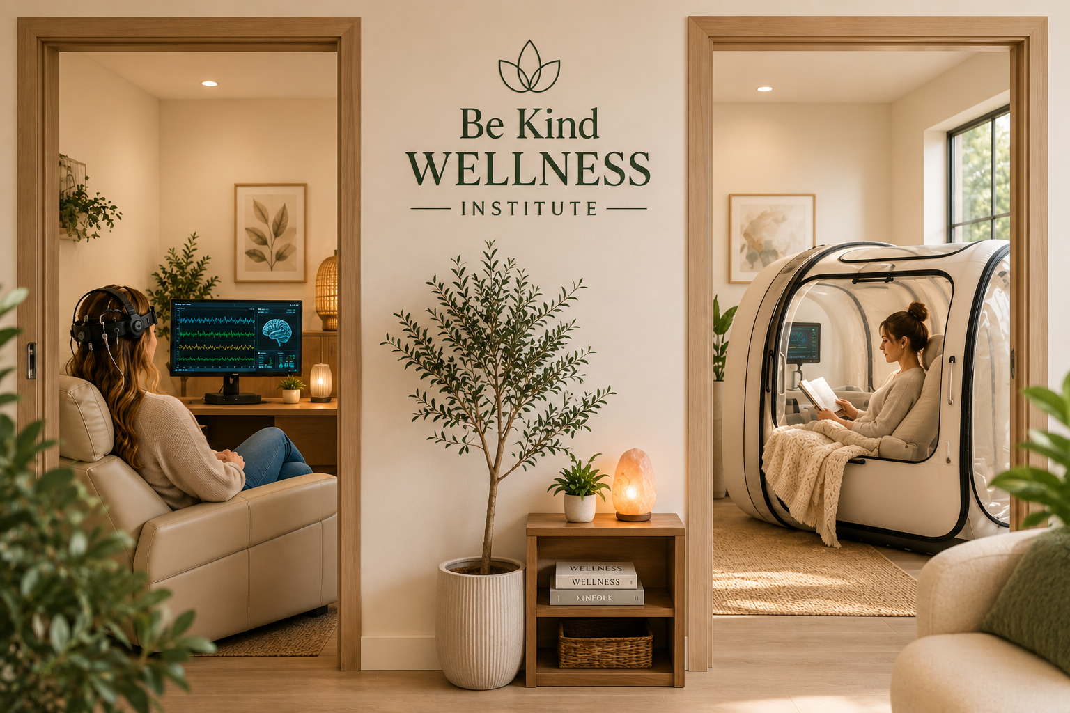 Interior of a wellness institute with two separate therapy pods on either side of a central sign that reads 'Be Kind WELLNESS INSTITUTE' with a drawing of a flower. The left pod has a woman wearing headphones, looking at a monitor with brain activity, and the right pod has a woman reading a book inside a futuristic enclosed pod with a monitor.
