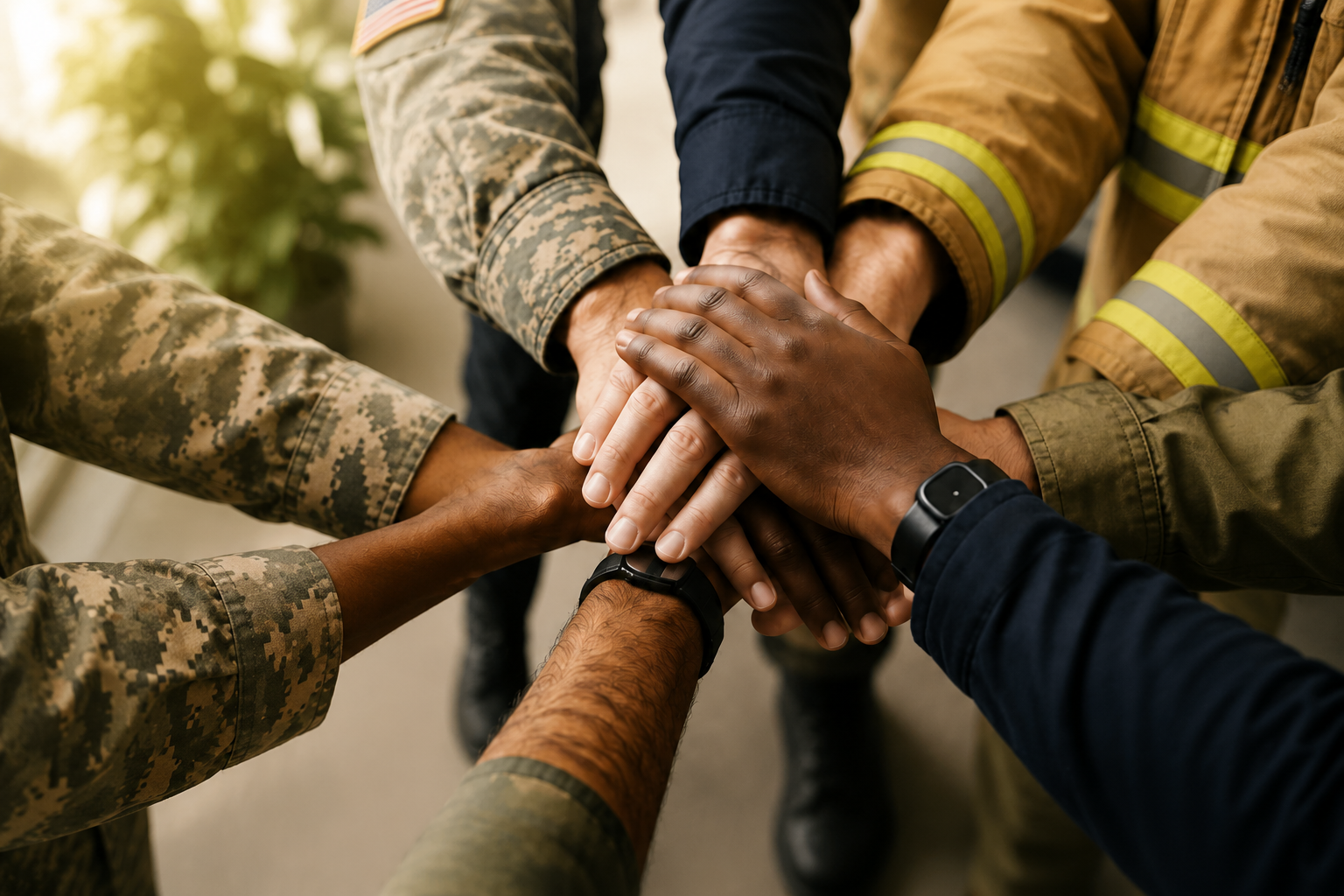 A group of diverse people, including a firefighter, military personnel, and civilians, stacking their hands together in a gesture of teamwork and unity.