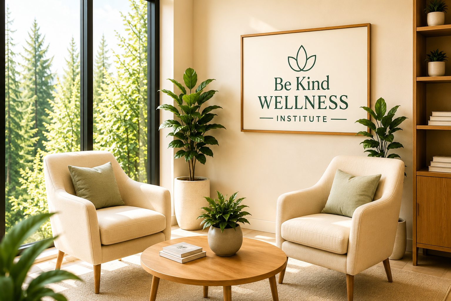 Modern wellness institute waiting area with two beige armchairs with green pillows, a round wooden table with potted plants and books, large window with views of green trees, and framed sign on the wall reading 'Be Kind Wellness Institute' with a leaf logo.