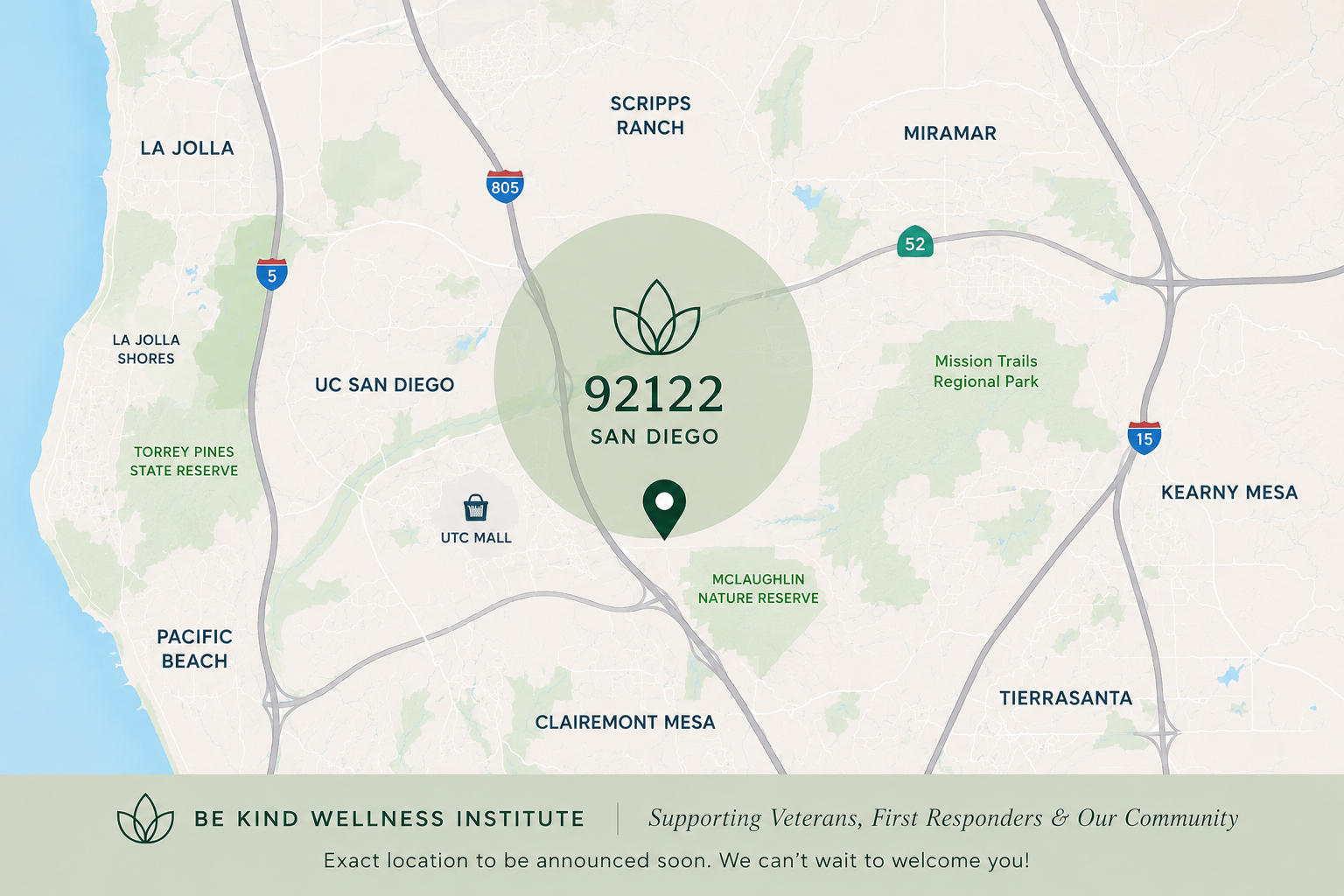 Map showing San Diego area with a central marker 92122, featuring parks and landmarks like Torrey Pines State Reserve, Mission Trails Regional Park, UC San Diego, UTC Mall, and Pacific Beach, with supportive text for Be Kind Wellness Institute.