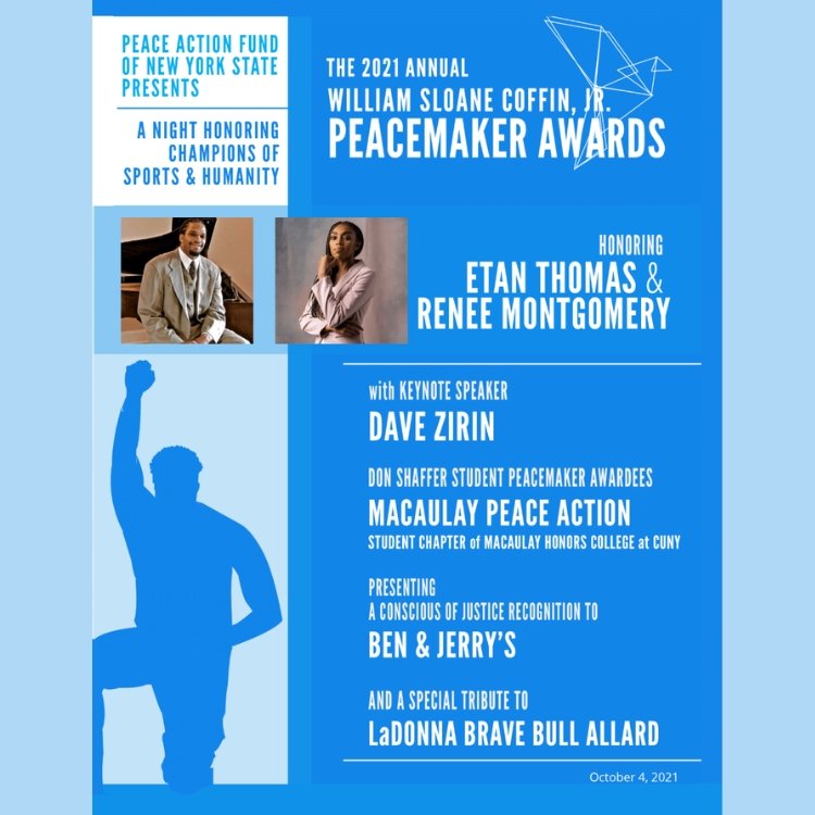 Event journal cover for the 2021 William Sloane Coffin Jr. Peacemaker Awards honoring Ethan Thomas and Renee Montgomery.