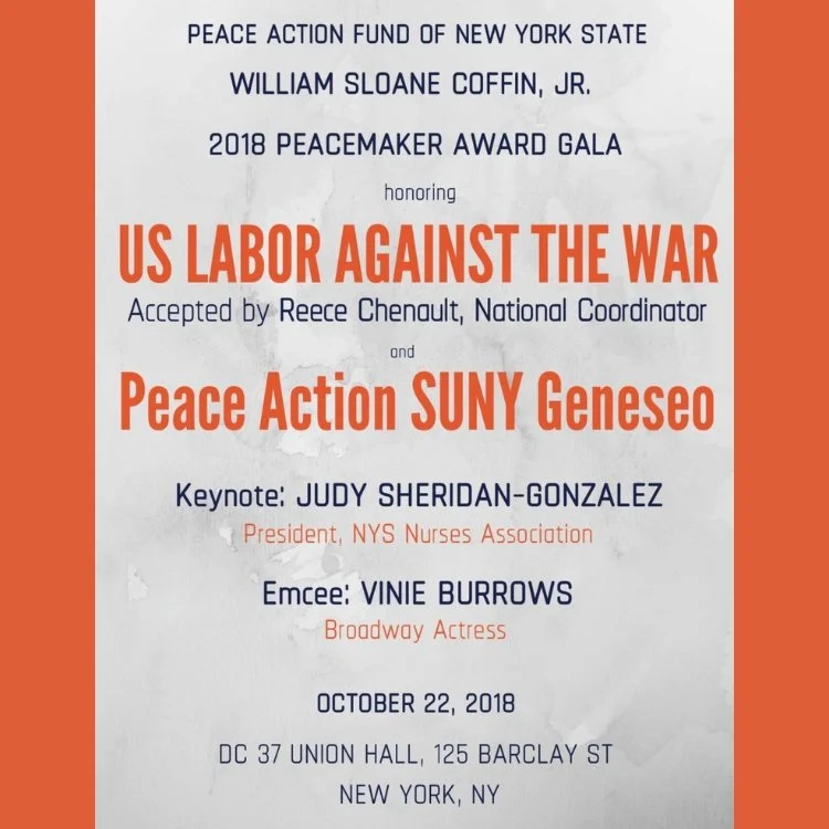 Event journal cover for the 2018 WSC Peacemaker Award honoring US Labor Against the War.