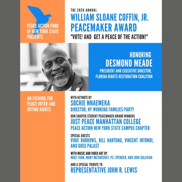 Event journal cover for the 2020 William Sloane Coffin Jr. Peacemaker Award honoring Desmond Meade.