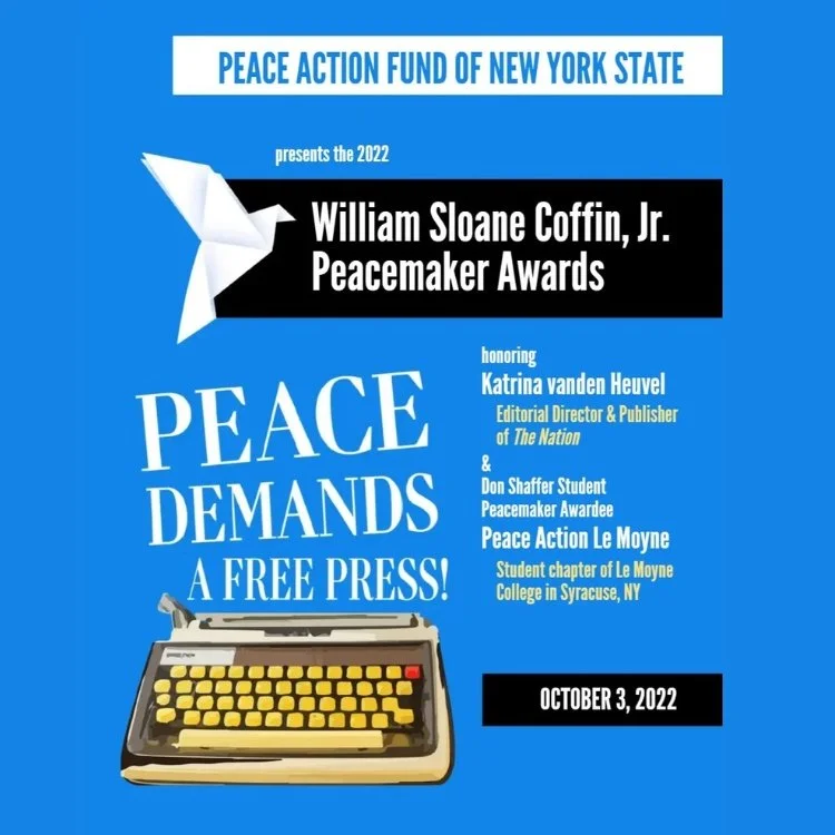 Event journal cover for the 2022 William Sloane Coffin Jr. Peacemaker Awards honoring Katrina vanden Heuvel.